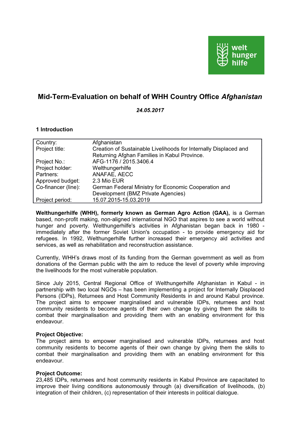 Mid-Term-Evaluation on Behalf of WHH Country Office Afghanistan