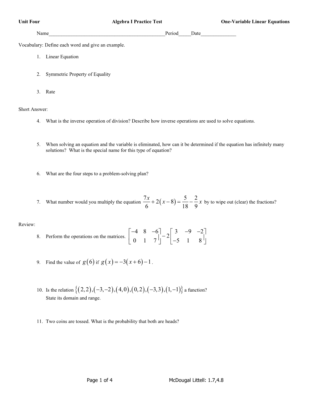 Unit Fouralgebra I Practice Testone-Variable Linear Equations