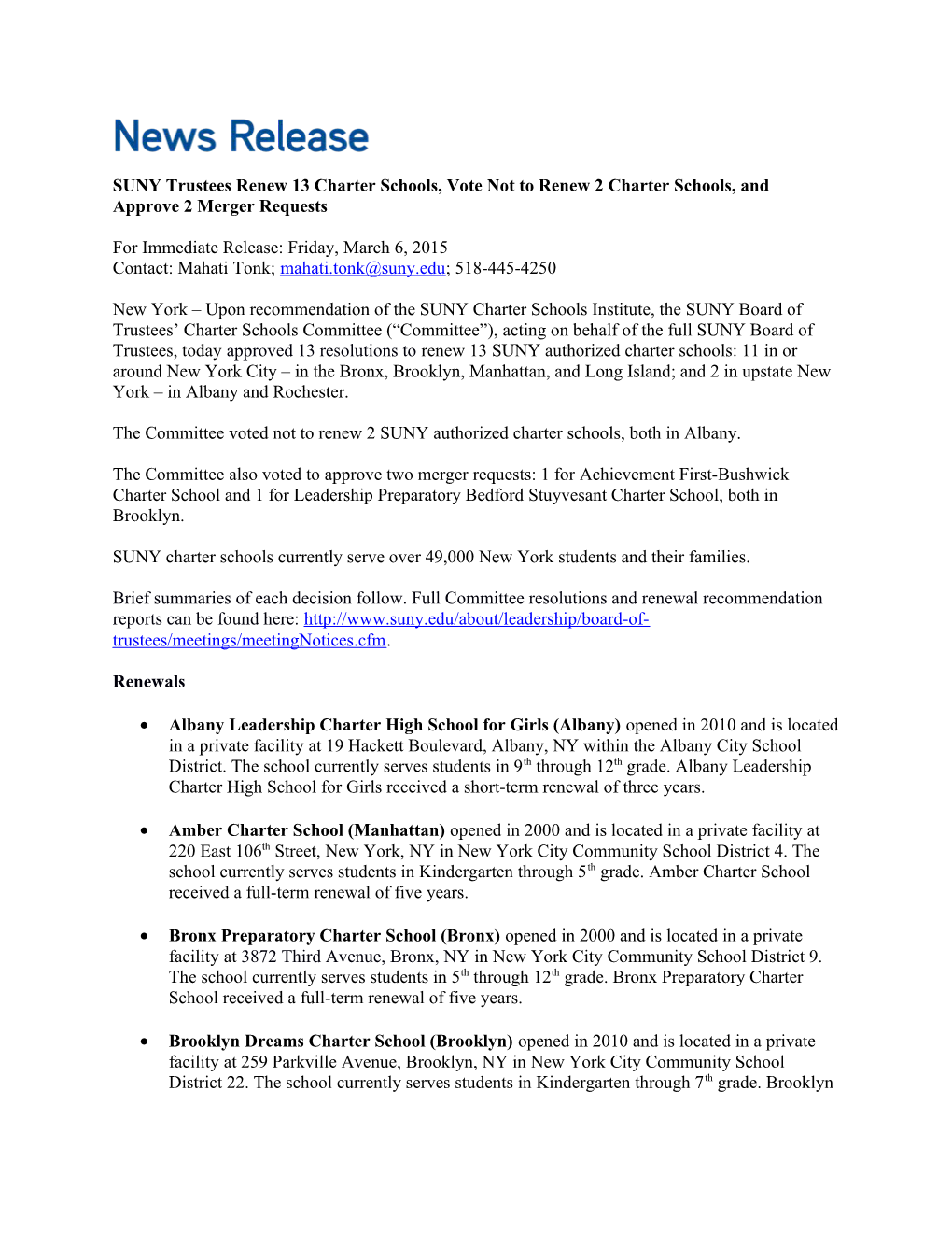 SUNY Trustees Renew 13 Charter Schools, Vote Not to Renew 2 Charter Schools, and Approve