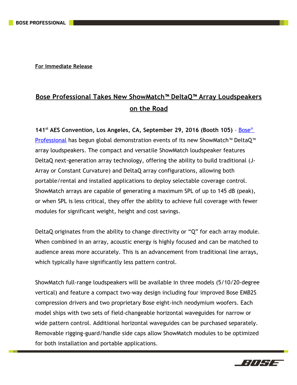 Bose Professional Takes New Showmatch Deltaq Array Loudspeakerson the Road