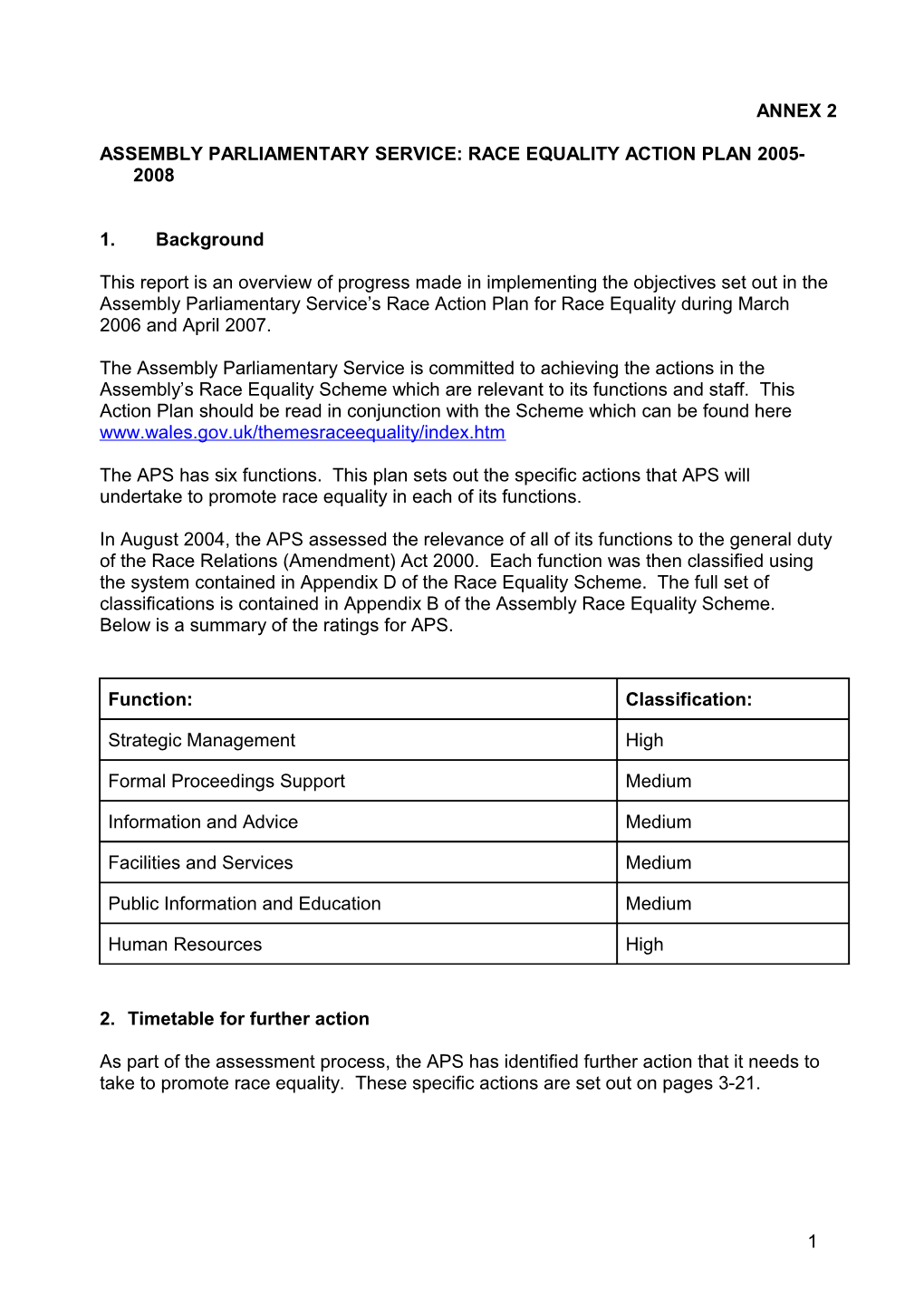 Assembly Parliamentary Service: Race Equality Action Plan 2005-2008