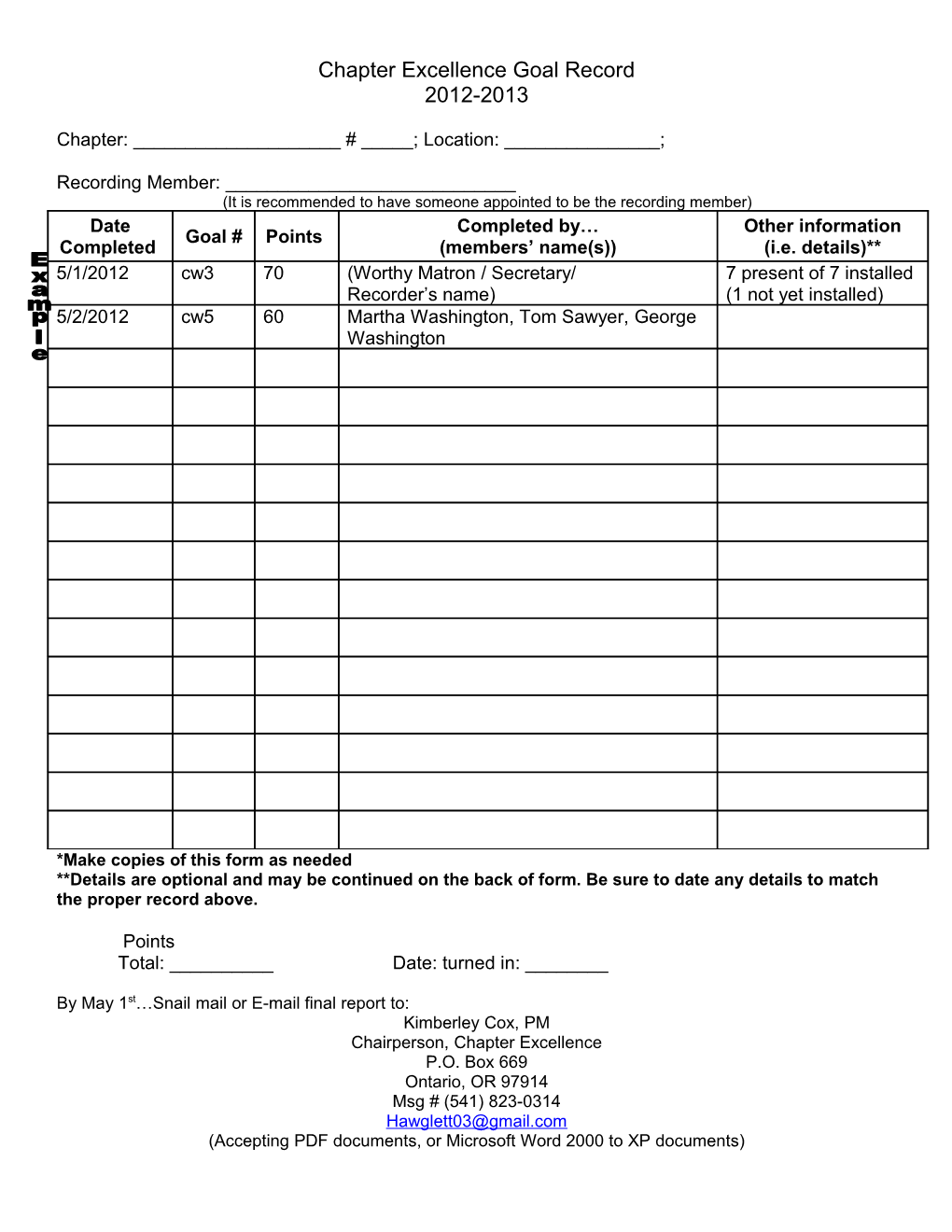 Chapter Excellence Goal Record