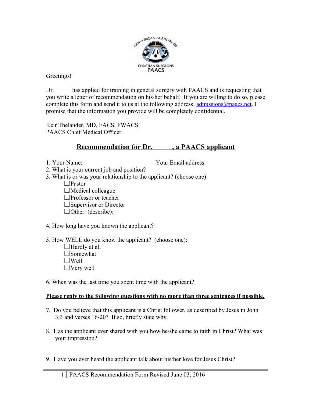 Recommendation Fordr. , a PAACS Applicant