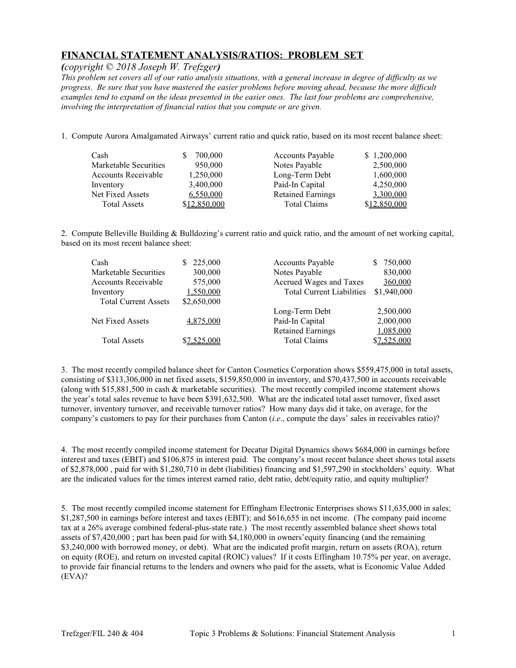 Financial Statement Analysis/Ratios: Problem Set