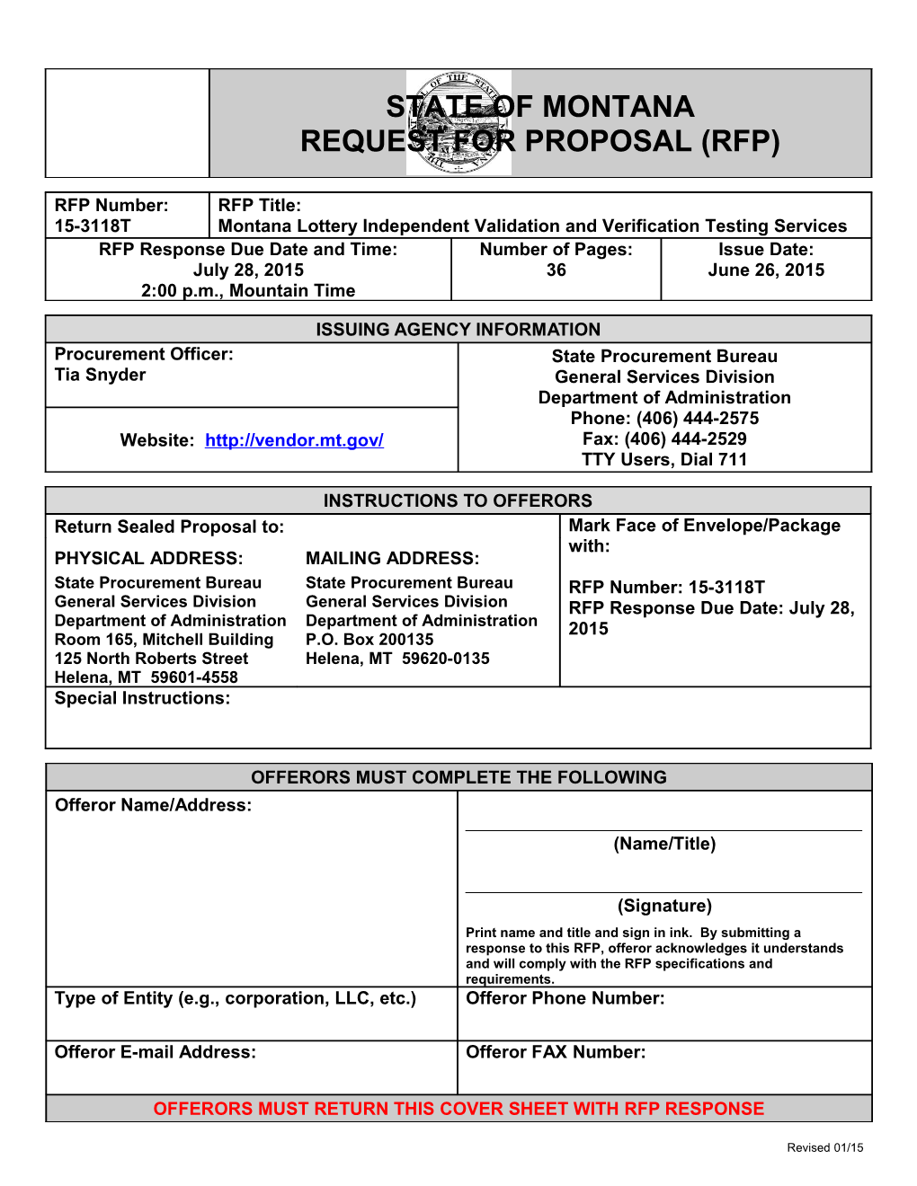 RFP15-3118T, Montana Lottery Independent Validation and Verification Testing Services, Page 1