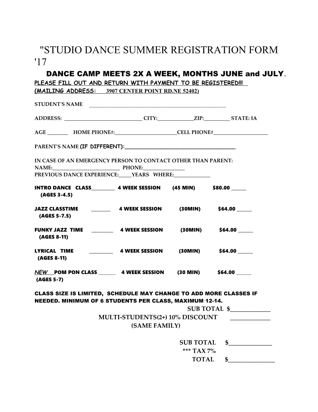 Studio Dance Summer Registration Form '02