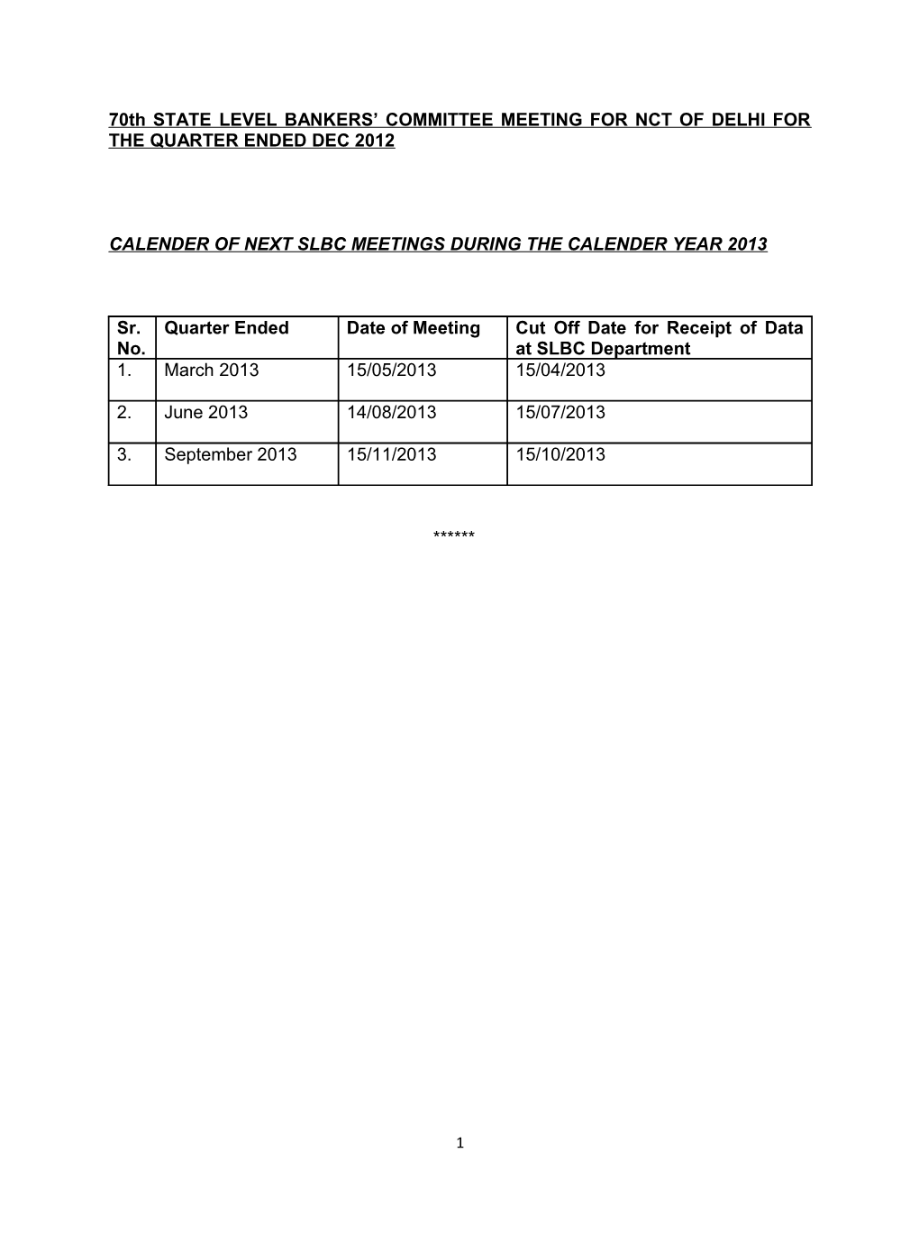 Calender of Next Slbc Meetings During the Calender Year 2013