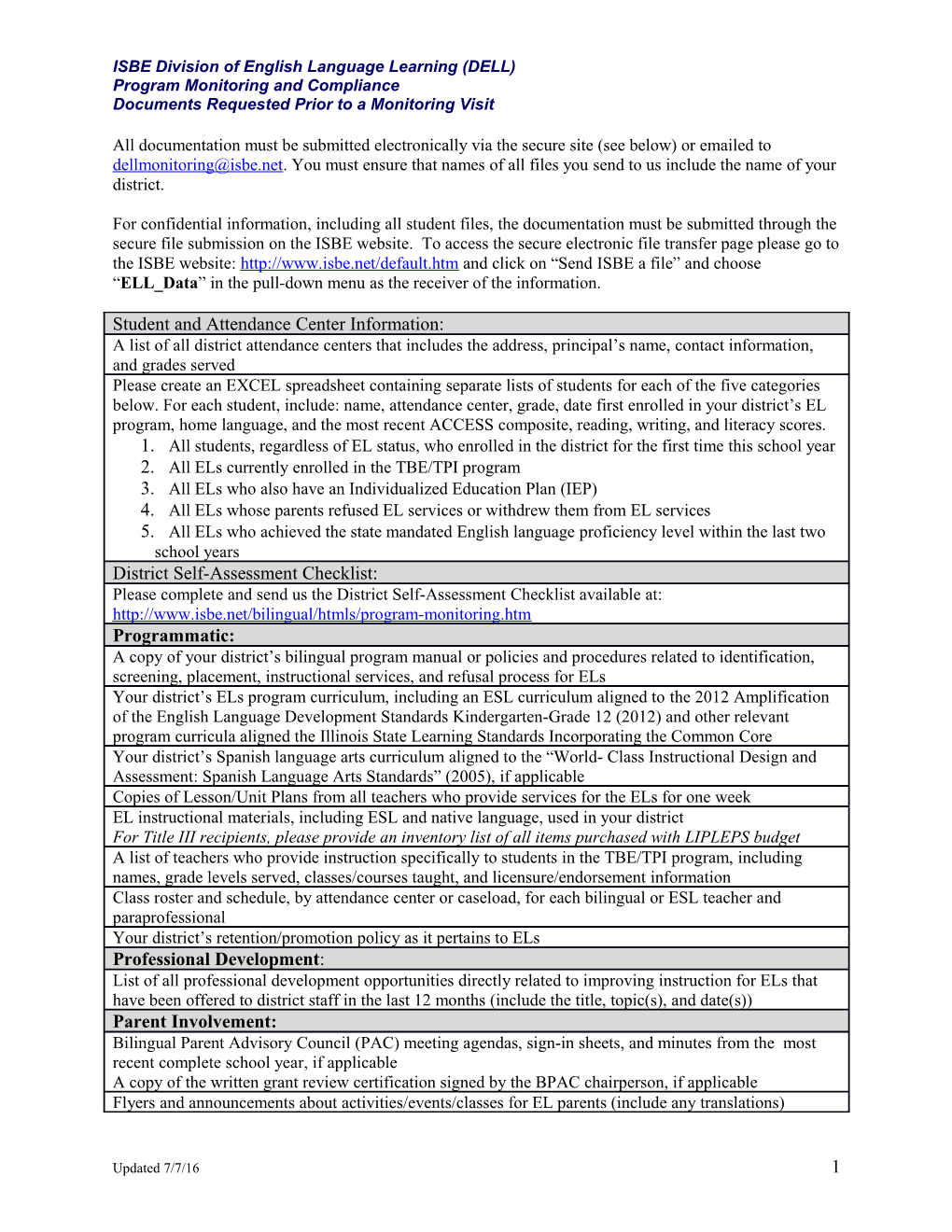 DELL Program Monitoring and Compliance Documents Requested Prior to a Monitoring Visit