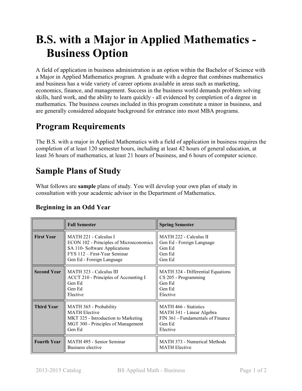 B.S. in Mathematics - Business Option