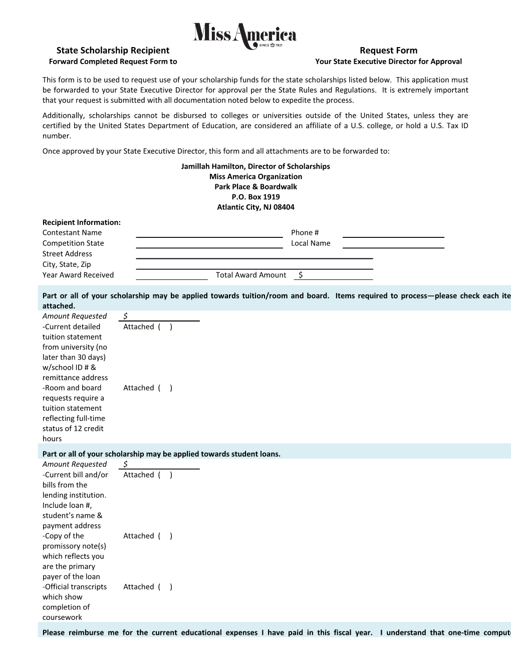 State Scholarship Recipient Request Form