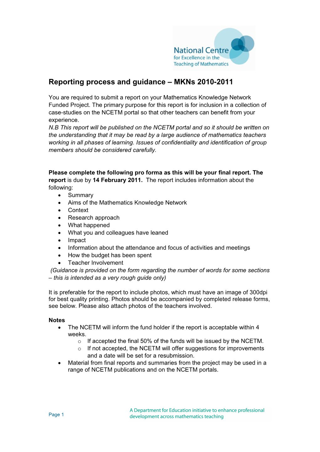 Reporting Process and Guidance Mkns 2010-2011