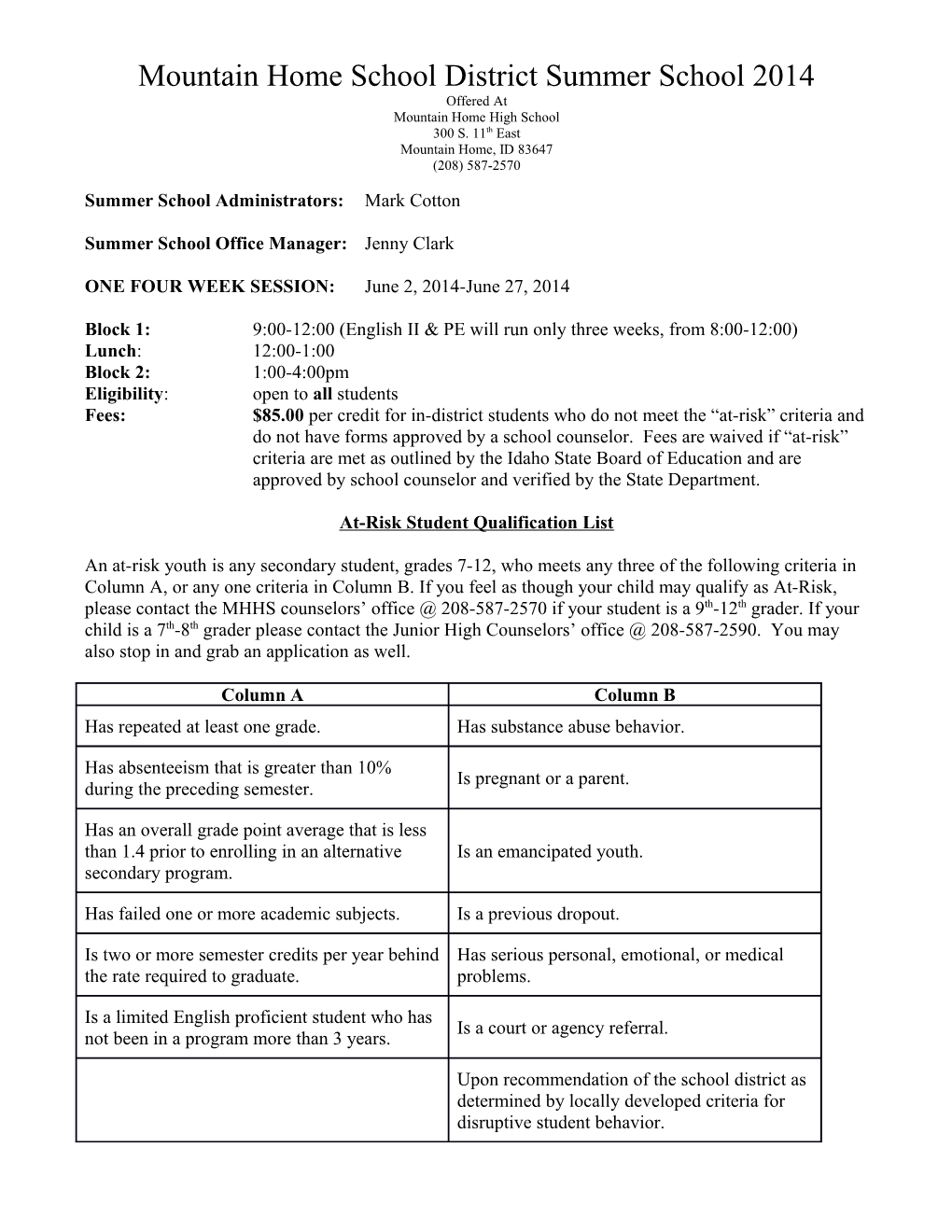 Mountain Home School District Summer School 2014