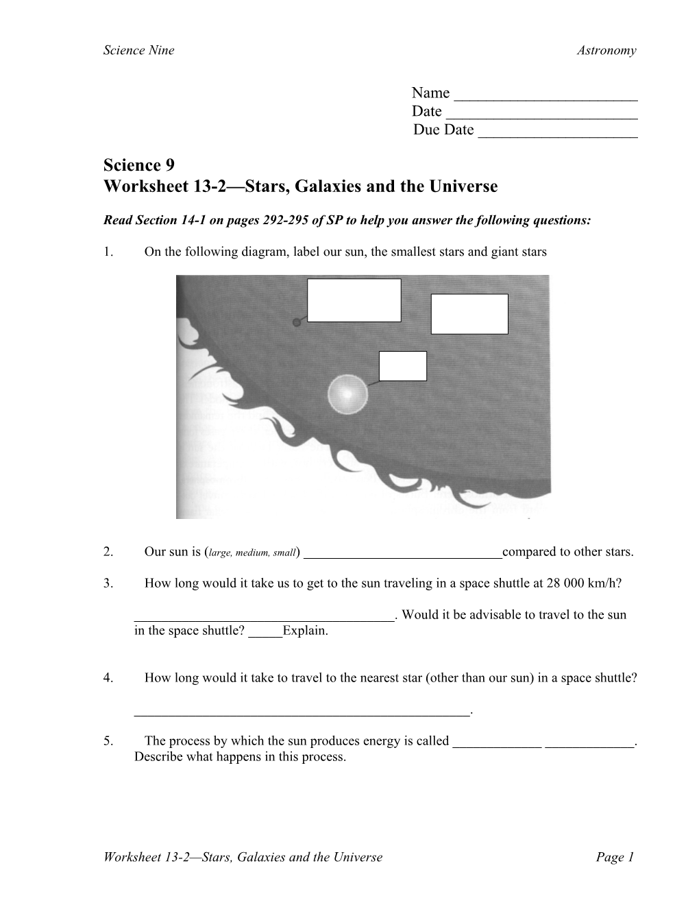 Worksheet 13-2 Stars, Galaxies and the Universe