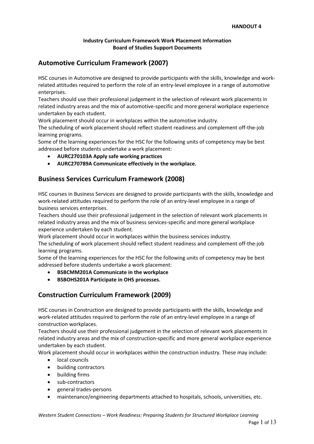 Industry Curriculum Framework Work Placement Information