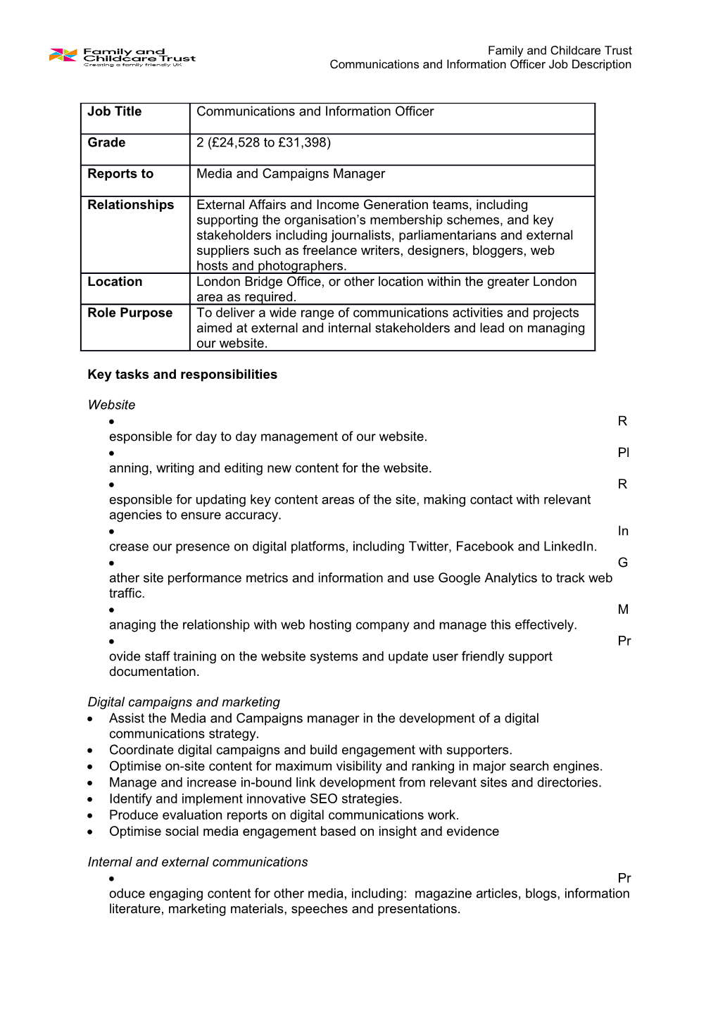 Communications and Information Officer Job Description