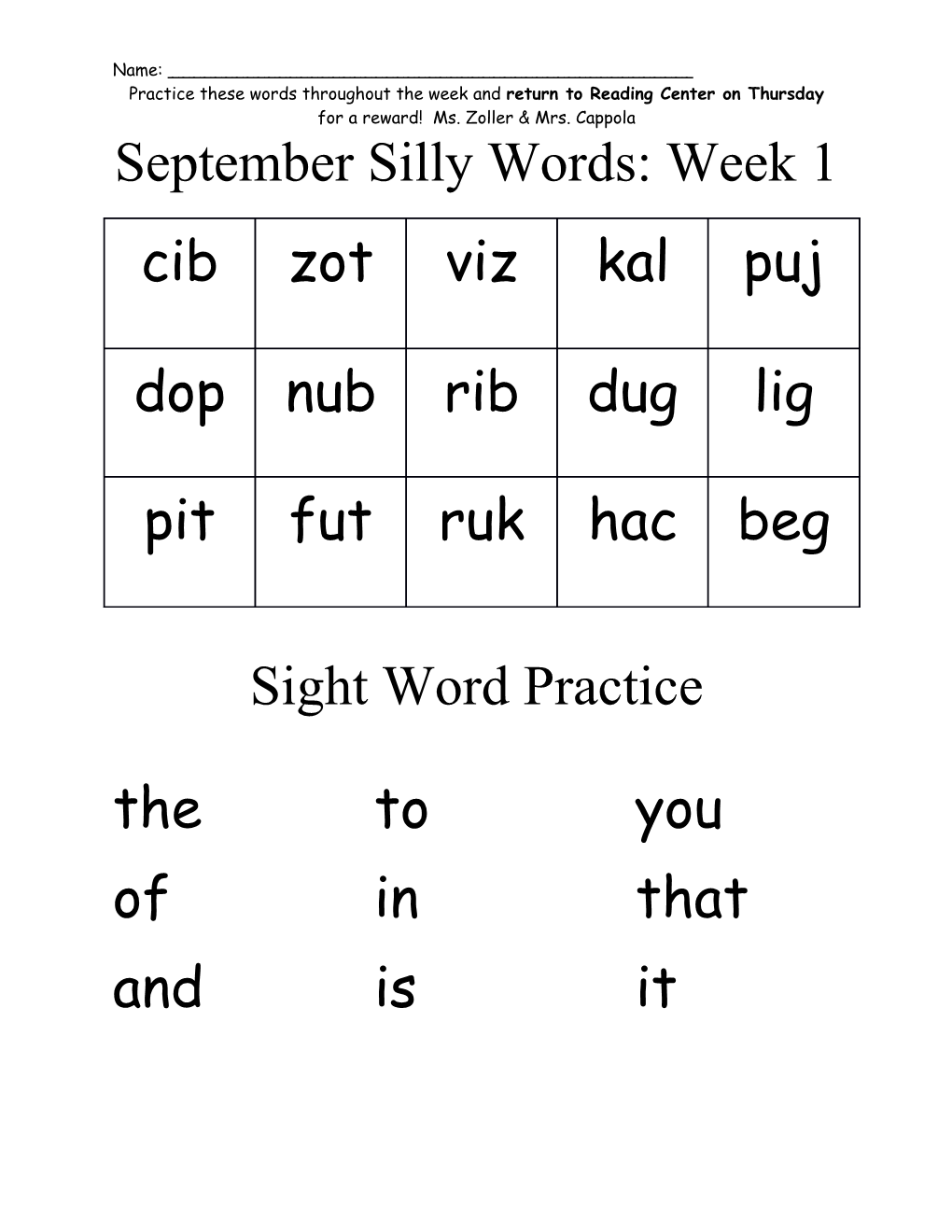 September Silly Words: Week 1