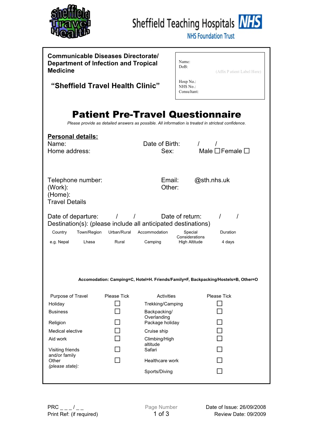 Patient Pre-Travel Questionnaire