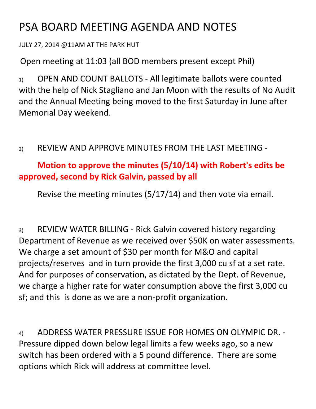 Psa Board Meeting Agenda and Notes