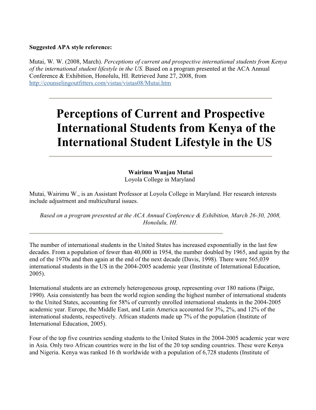 Perceptions of Current and Prospective International Students from Kenya of the International