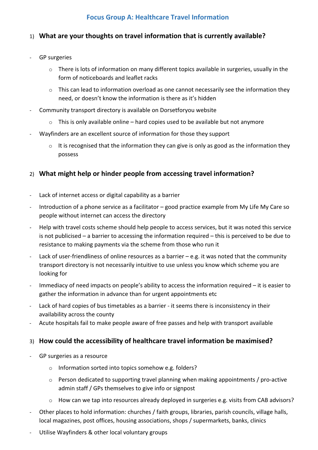 Focus Group A: Healthcare Travel Information