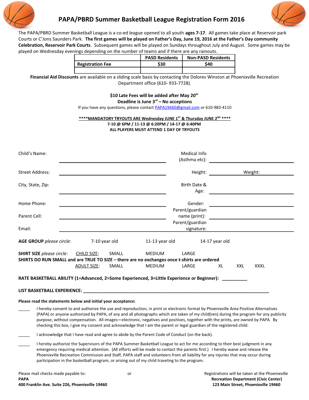 PAPA/PBRD Summer Basketball League Registration Form 2011