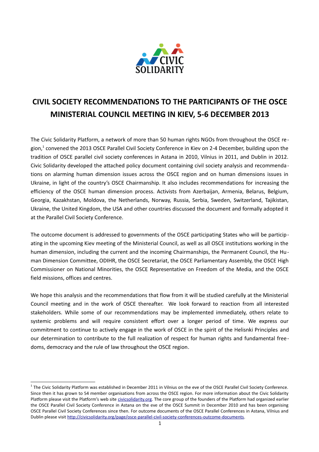 Civil Society Recommendations to the Participants of the Osce Ministerial Council Meeting