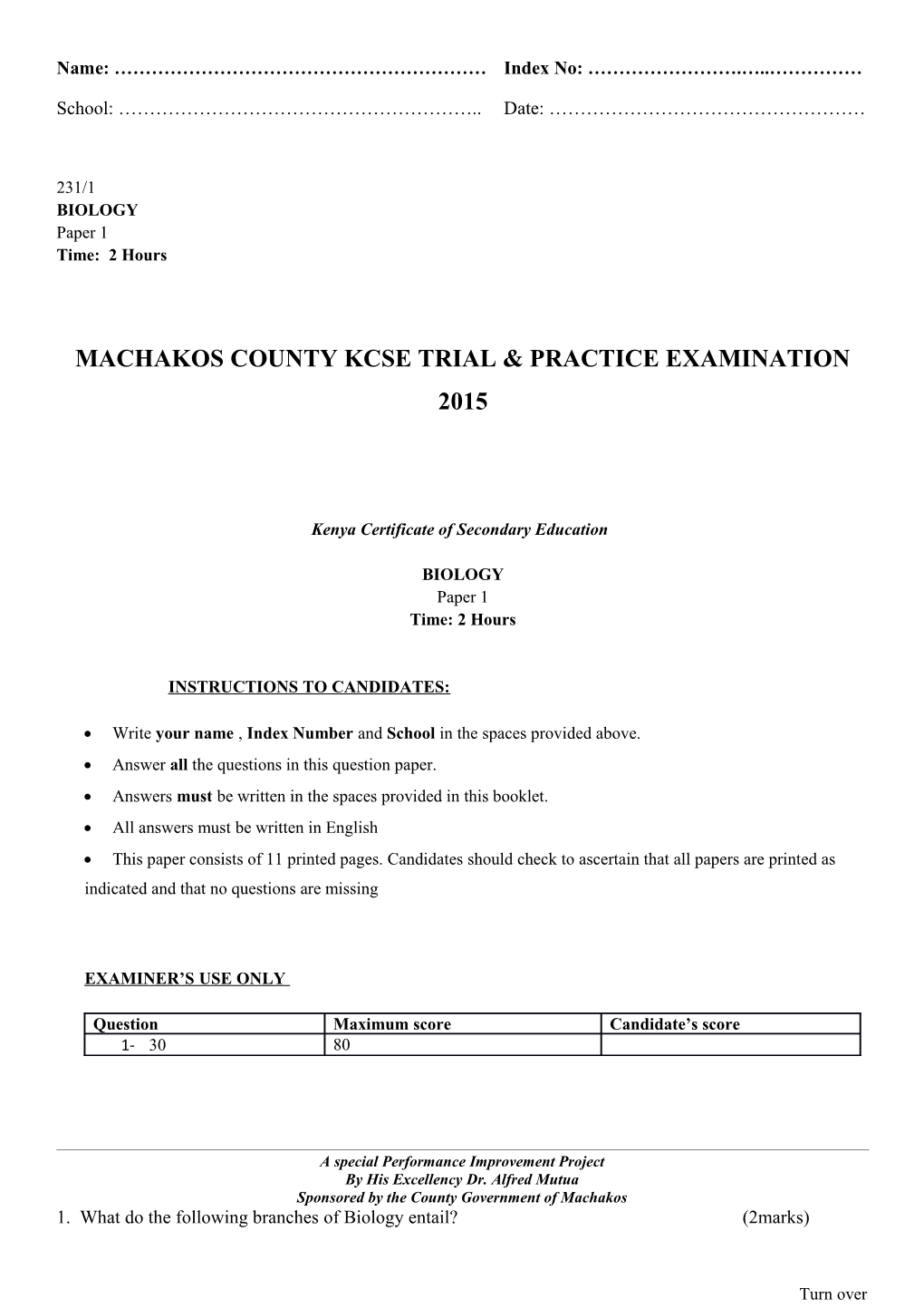Machakos County Kcse Trial & Practice Examination 2015