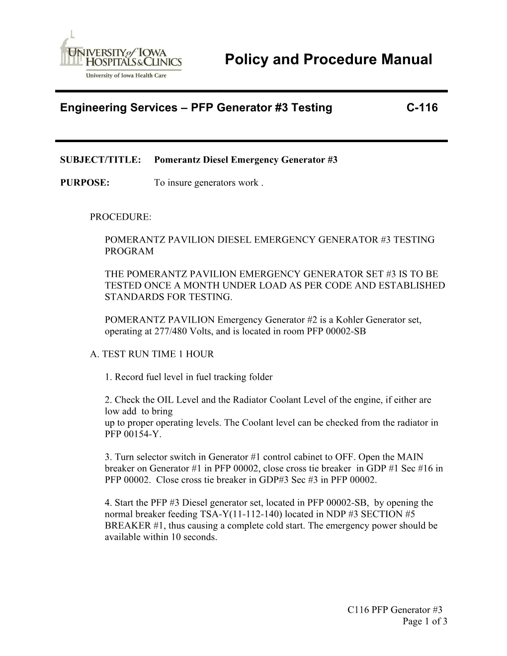 Pomerantz Pavilion Diesel Emergency Generator #3 Testing Program