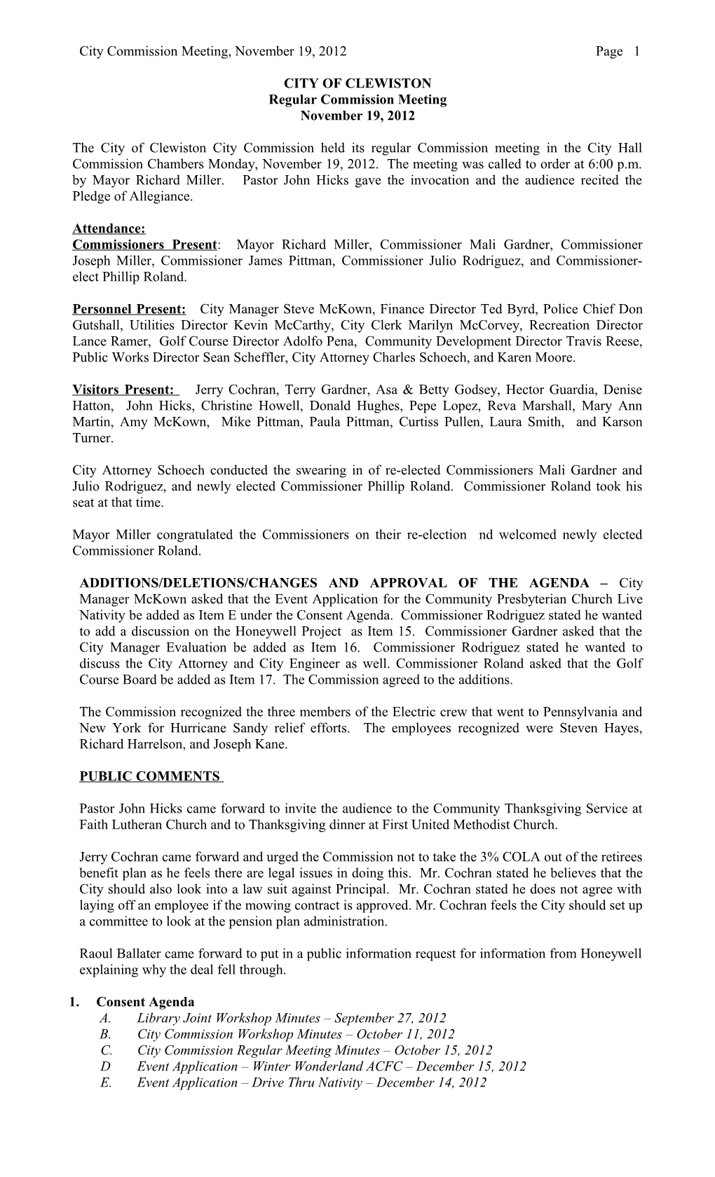 City Commission Meeting, November 19, 2012 Page 1