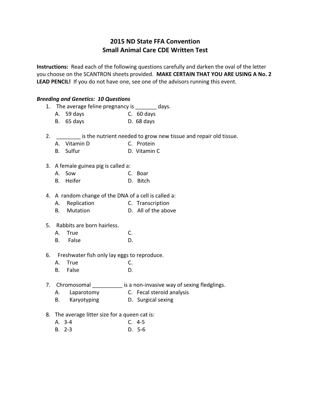 Small Animal Care CDE Written Test