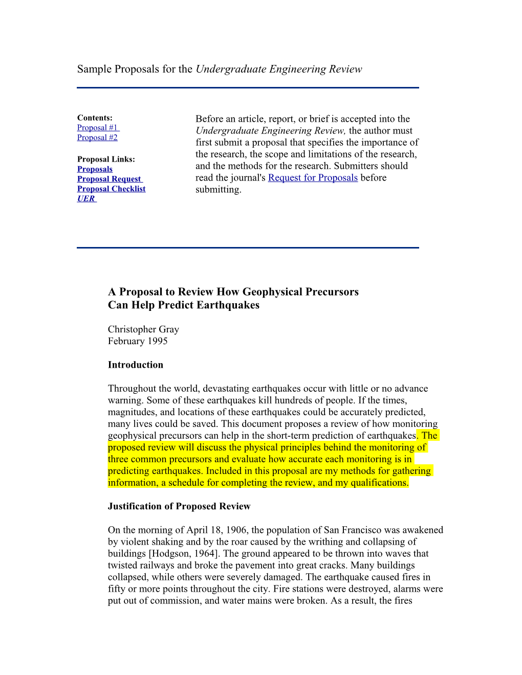 Sample Proposals for the Undergraduate Engineering Review