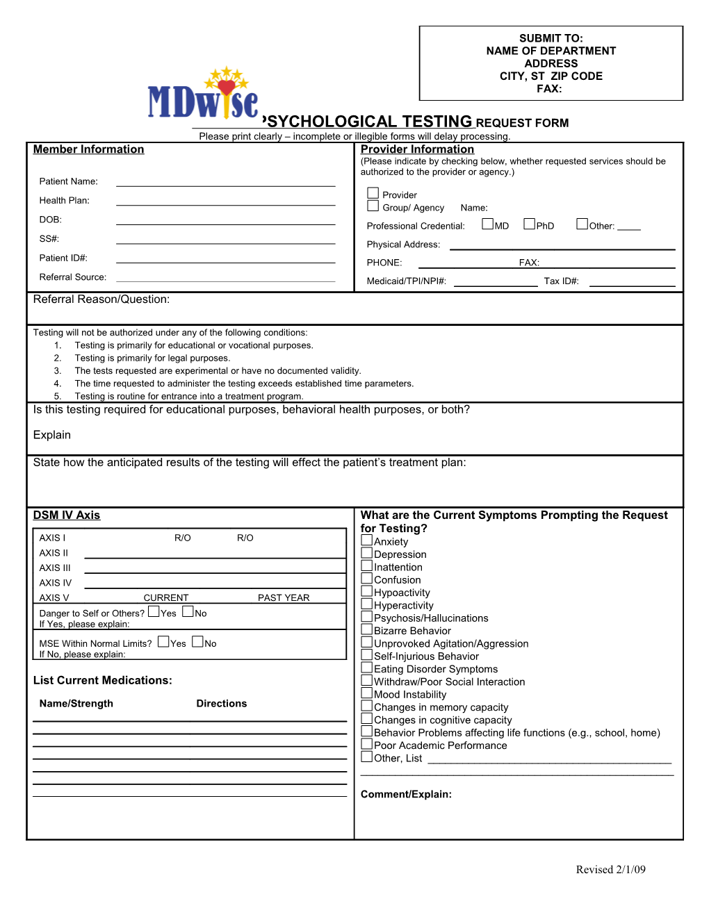 Indiananeuro-Psychological Testingrequest Form