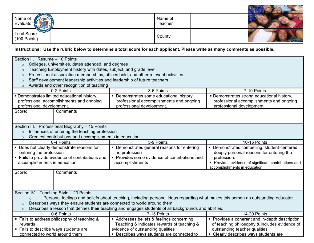 Instructions: Use the Rubric Below to Determine a Total Score for Each Applicant. Please