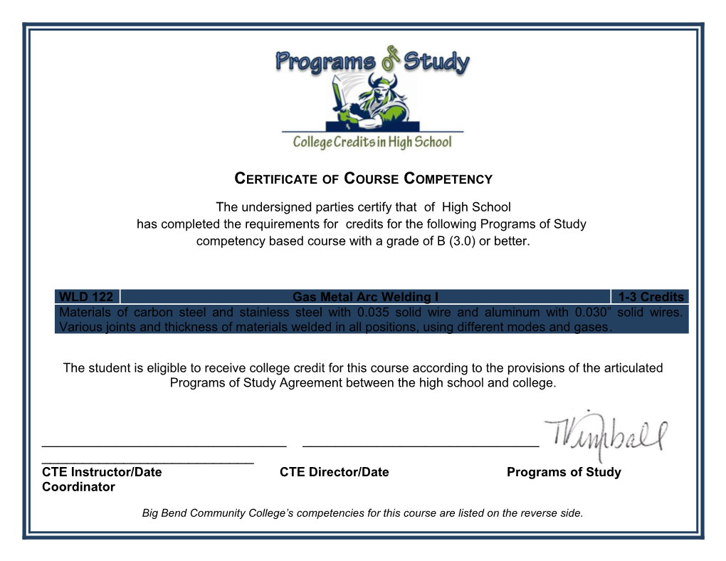 Certificate of Course Competency