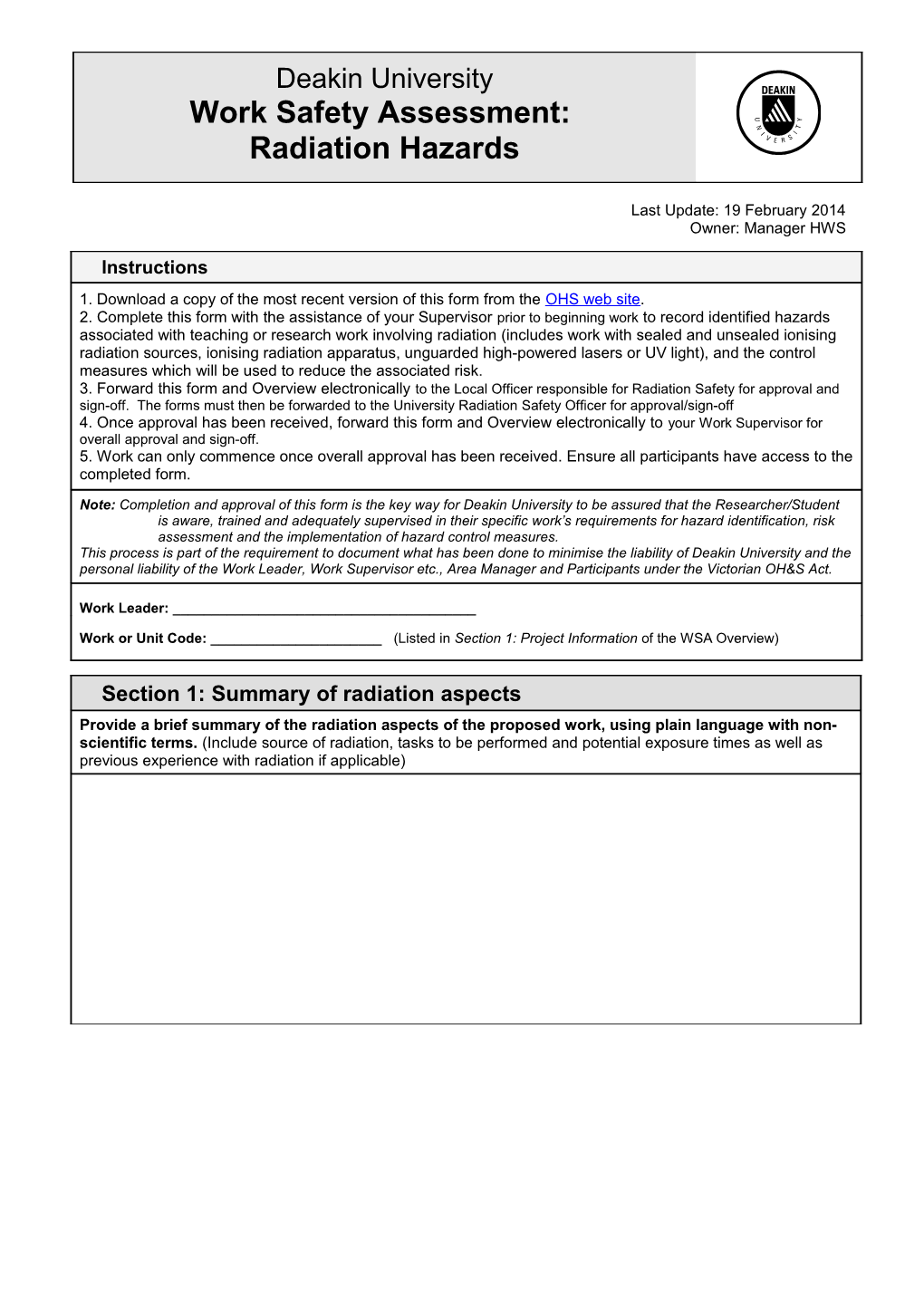 Radiation Hazard Assessmentdeakin Universitypage 1