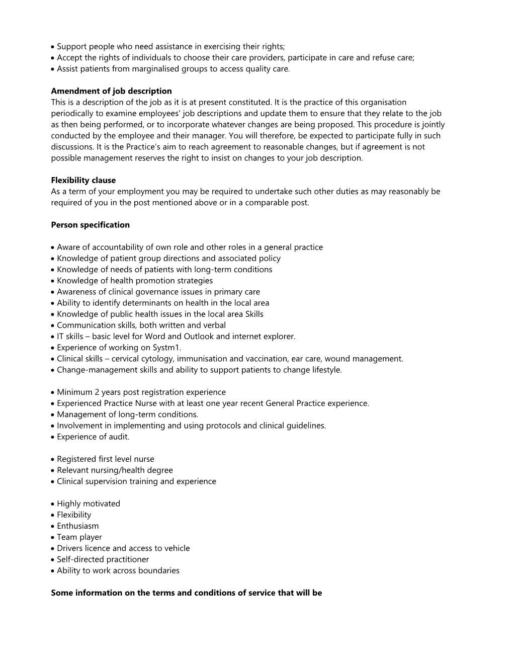 Job Description for the Post of Practice Nurse - Band 5 Or 6 (Equivalent)
