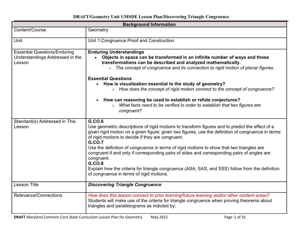 DRAFT/Geometry Unit 1/MSDE Lesson Plan/Discovering Triangle Congruence