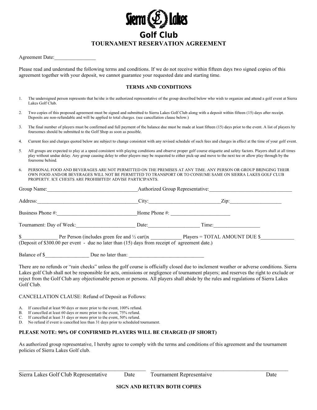 Tournament Reservation Agreement