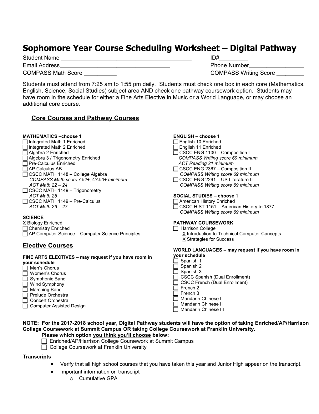 Sophomore Year Course Scheduling Worksheet Digital Pathway
