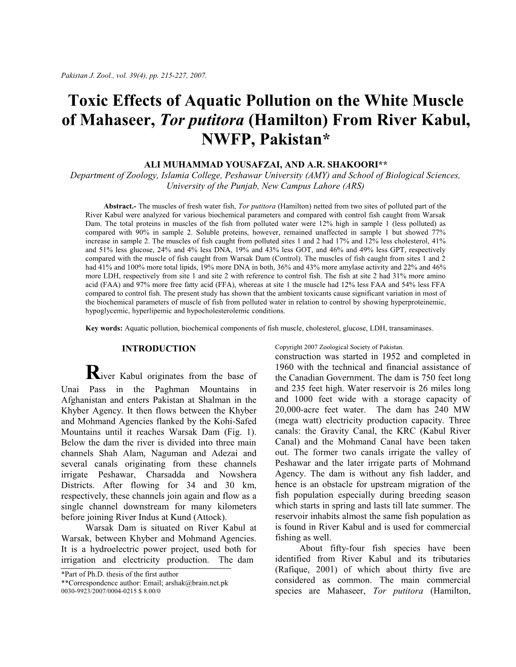 Toxic Effects of Aquatic Pollution on the White Muscle of Mahaseer, Tor Putitora (Hamilton)