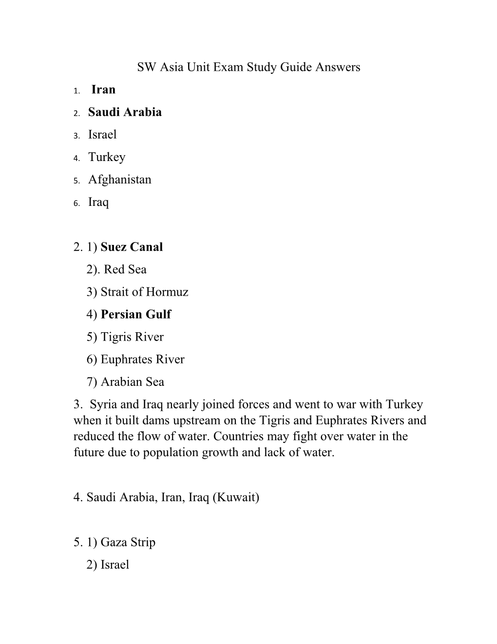 SW Asia Unit Exam Study Guide Answers