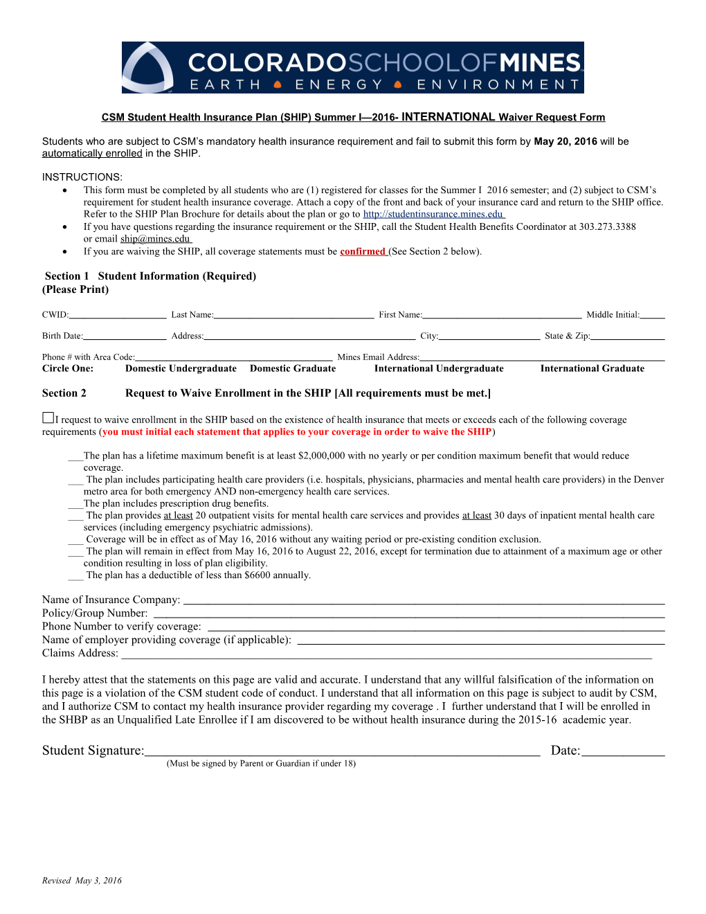 CSM Student Health Insurance Plan (SHIP) Summer I 2016- INTERNATIONAL Waiver Request Form