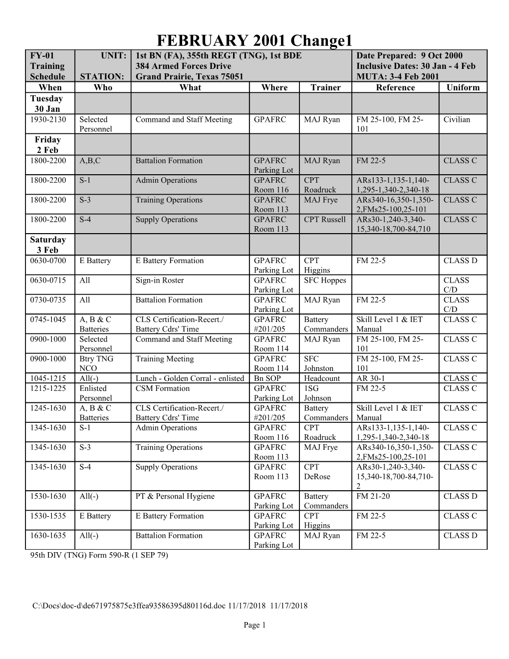 AUG 94 BN Training Schedule
