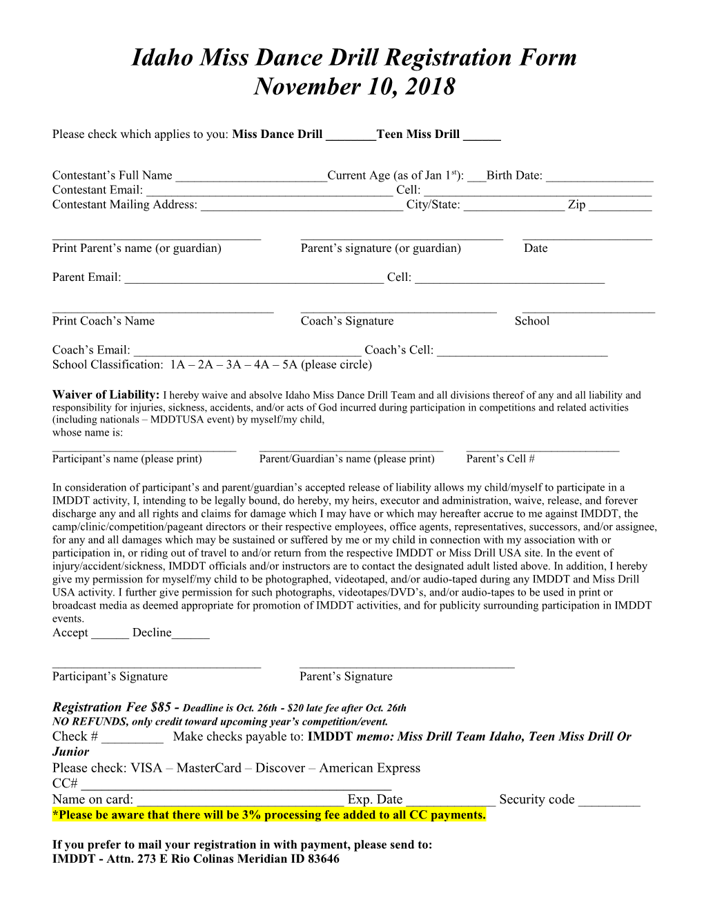 Idaho Miss Dance Drill Registration Form