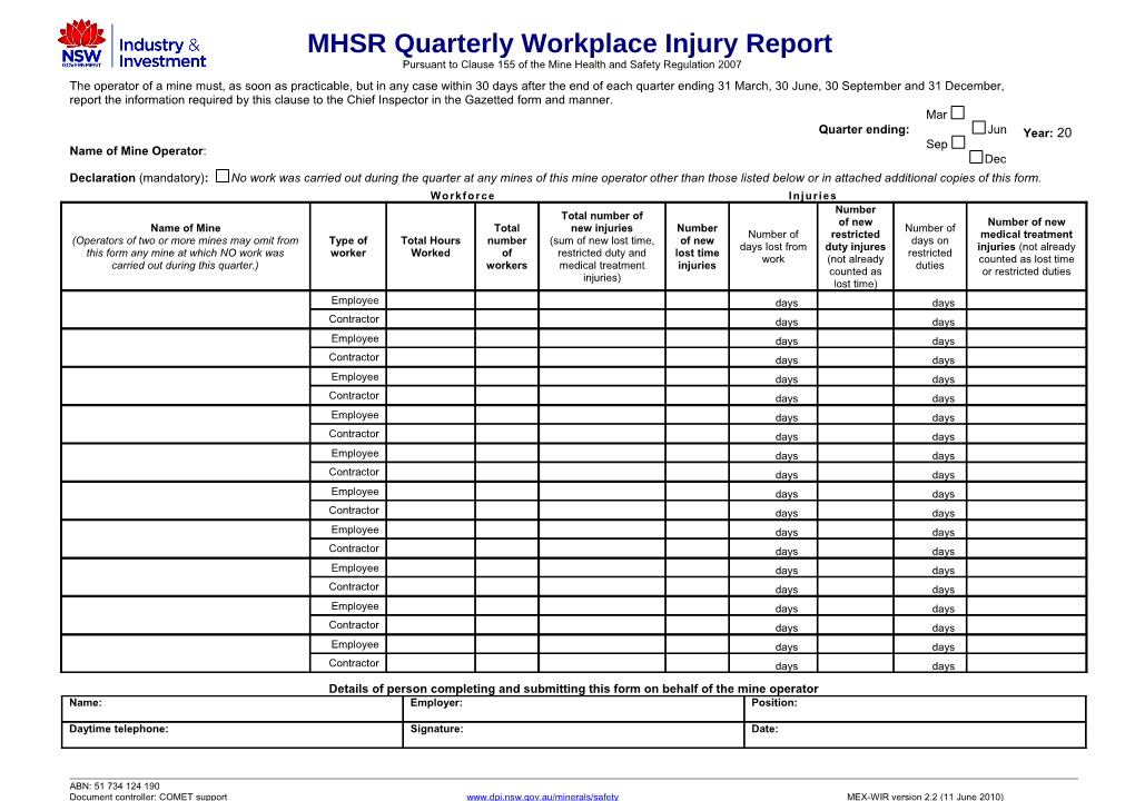 MHSR Quarterly Workplace Injury Report