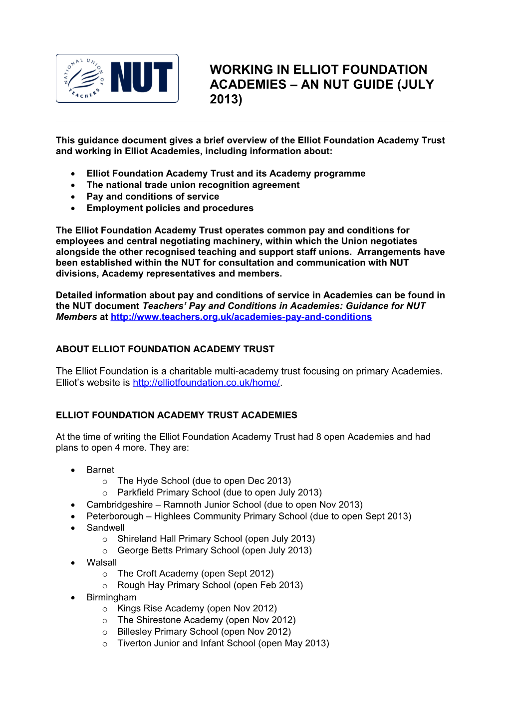 This Guidance Document Gives a Brief Overview of Theelliot Foundation Academy Trust And