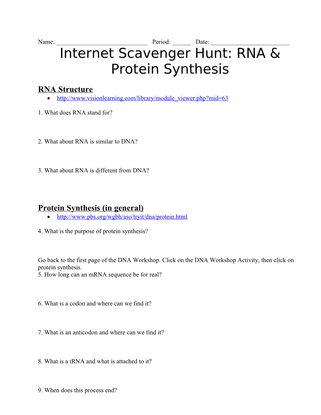 Internet Scavenger Hunt: RNA & Protein Synthesis