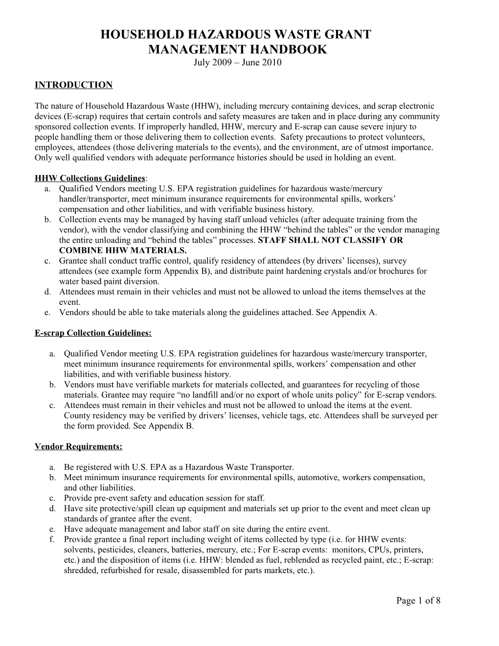 Household Hazardous Waste Grant Management Handbook