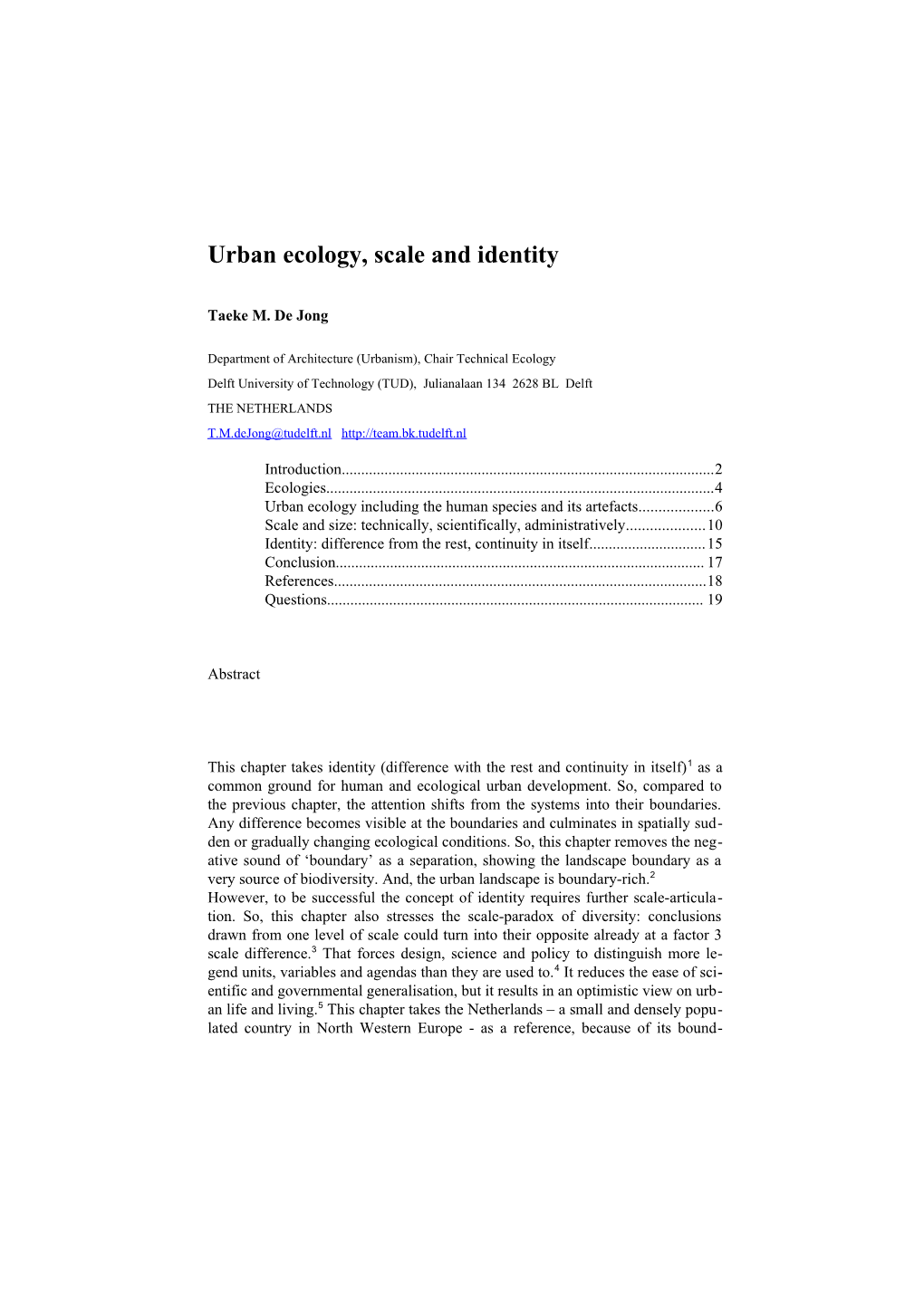 Urban Ecology, Scale and Identity