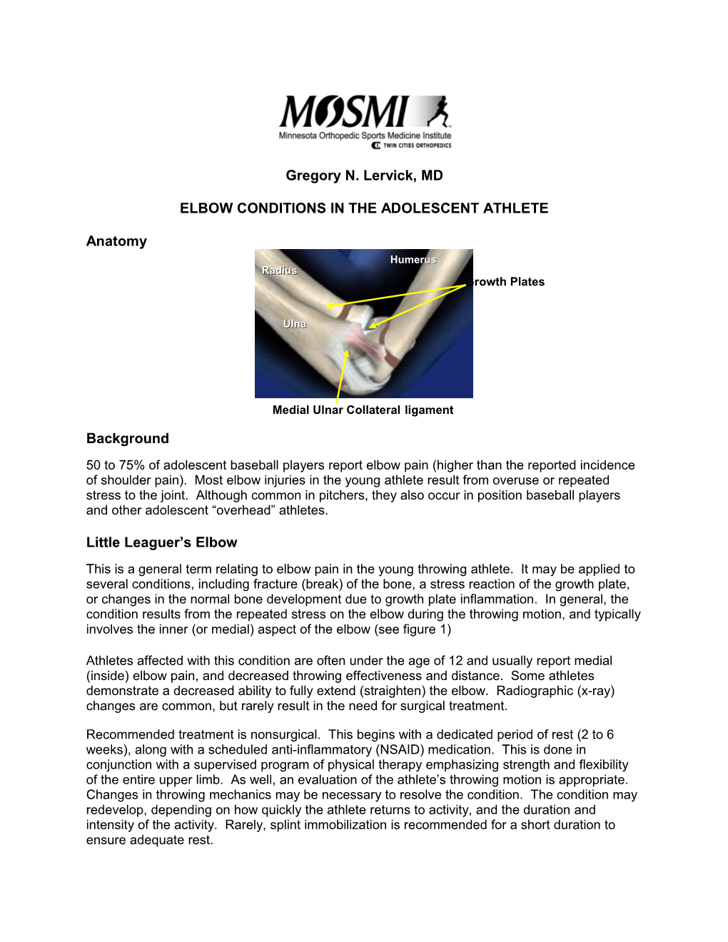 Elbow Conditions in the Adolescent Athlete
